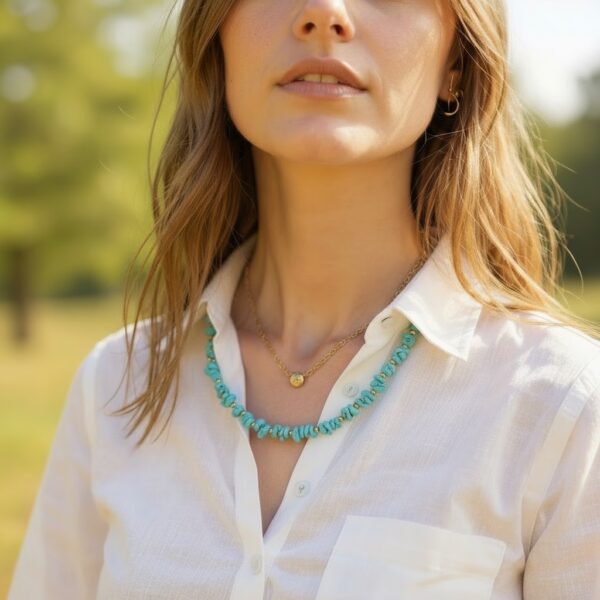 Chunky Turquoise Chip Necklace on model